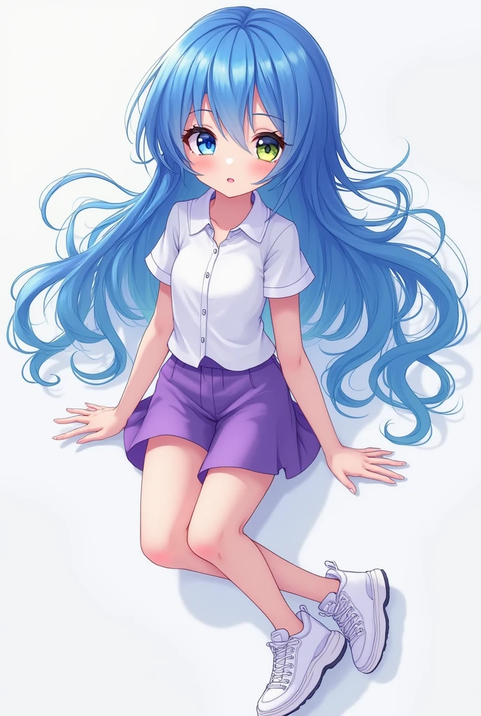 Create a very beautiful young adult anime girl with white shirt purple shorts white shoes yellow eyes big blue hair all