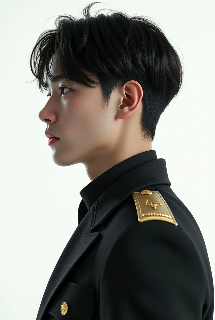 (photorealism:1.2), kim taehyung of bts in profile with military suit and serious expression, plain white background realistic screenshot
