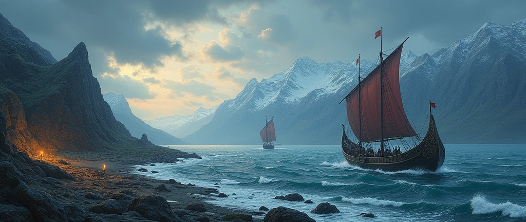 Specifies that the painting must be divided into two parts that connect fluidly..
Mention the specific historical period (9th century, Viking Age) to ensure the context.
Includes Viking ships, Candles with symbols, mountains, Mar, cloudy sky, and a ground held.Highlights the need for realism and attention to detail in the texture of the ships, Water, and the sky.