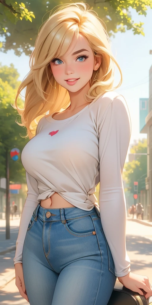 (best quality, ultra-detailed, photorealistic: 1.39), Face of naughty 2 teenager, bright and vibrant colors, studio lighting, romantic expression, Perfect big breasts, cute blouse, long sleeves, jeans, Short blonder hair, bob style, bangs flowing in the wind, attractive eyes, lips bright, sexy pose, smiling seductively, posing for a professional photo shoot, shallow depth of field, soft natural lighting, creating a romantic and magical atmosphere, street, summer, sunny day, trees