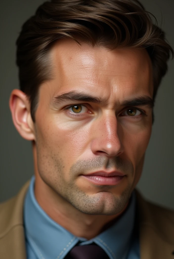 Man with short social hair, with brown eyes