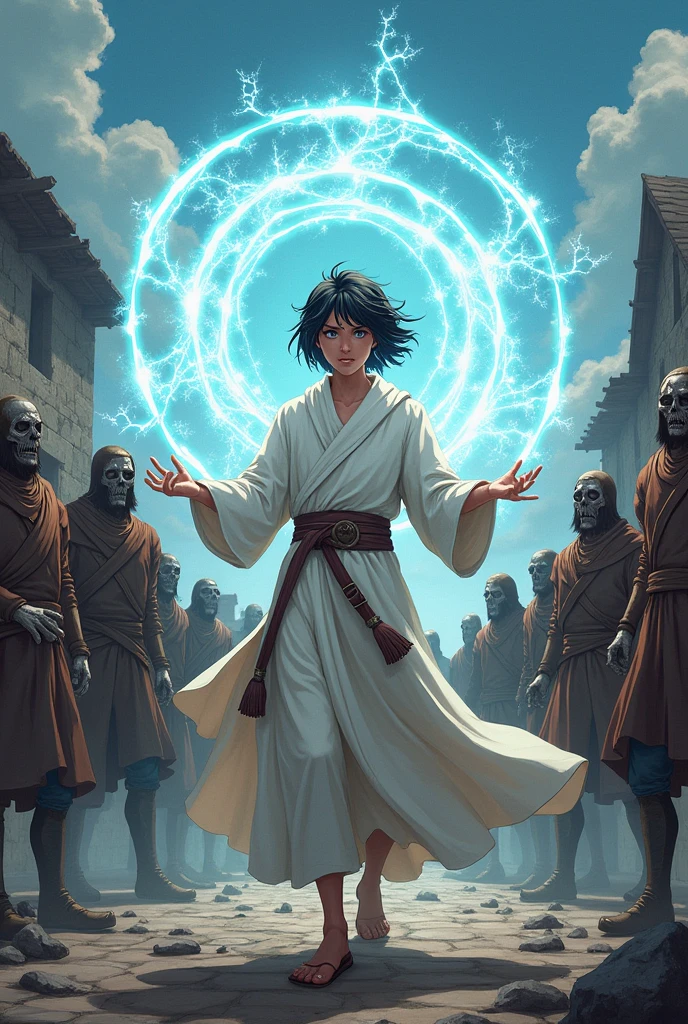 Fantasy Art, DND cover art, role playing art, dungeons and dragons Arte anime, Young cleric wizard in white robes healing allied soldiers with magic circles of light in a ruined village with zombies