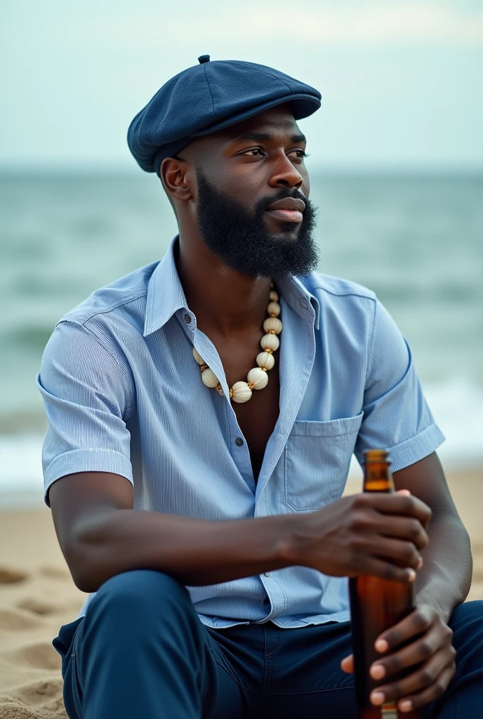 Black man in blue sailor beret, blue and white striped cotton shirt, dark blue pants, shell necklace, a bottle in hand and on the beach