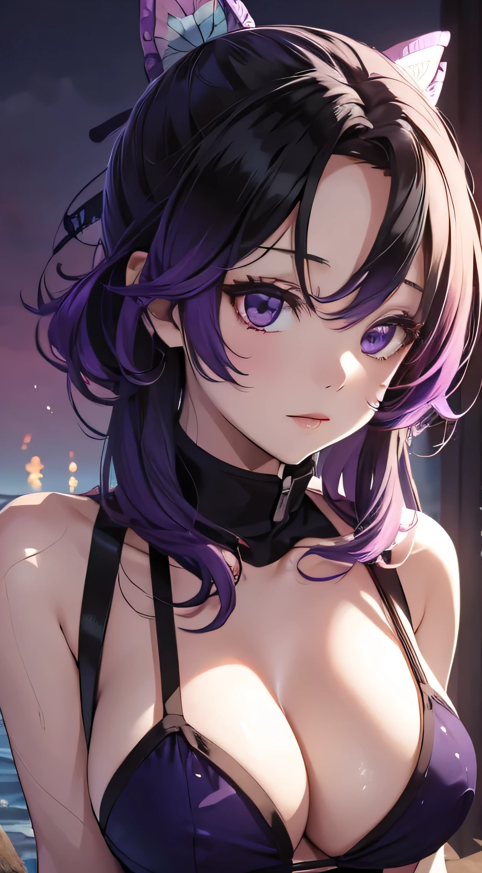 Kochou Shinobu, 1girl,masterpiece, multicolored hair,sleeveless, purple eyes, purple micro bikini , multiple butterflies, , laked sunset, lens flare, perfect lighting, highest quality, hands behind, thick thighs, large breasts, cleavage, highest quality, high resolution, arms behind back,