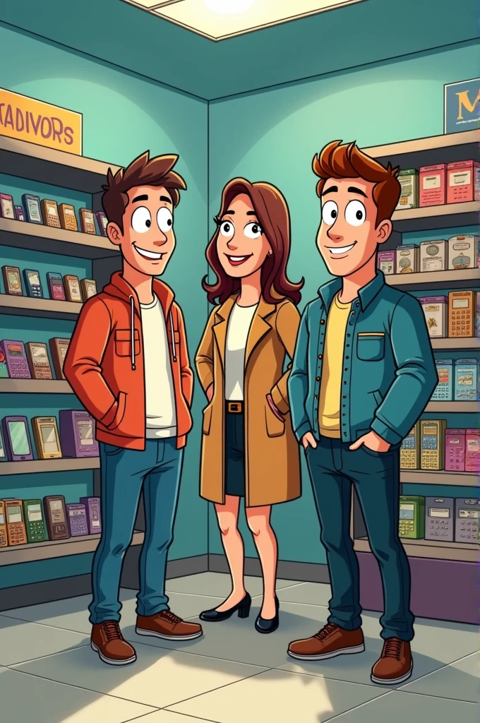 Create a group of male and female advisors of different physical appearances in a cell phone store called Monterrey in cartoons