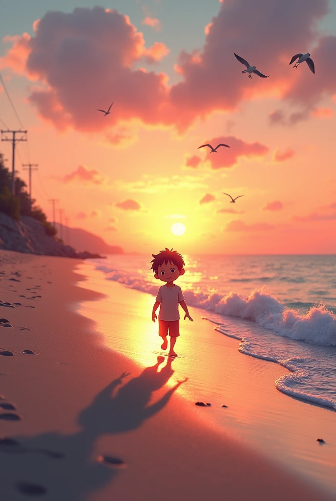 Boy walking backwards on the sea shore at sunset