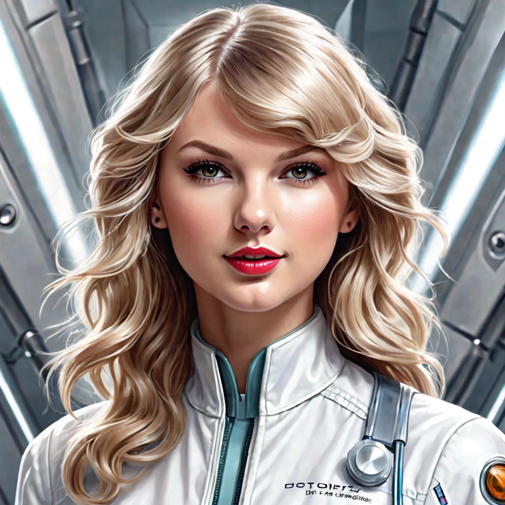 Semi realistic illustration portrait of a beautiful woman, white, wavy blonde hair, with light brown eyes. rectangular face, fine and soft facial features, somewhat thick lips. (Take Taylor Swift as a reference). slight smile, charming look. Vestida de bata white. Doctor at a futuristic sci-fi biotech company. 