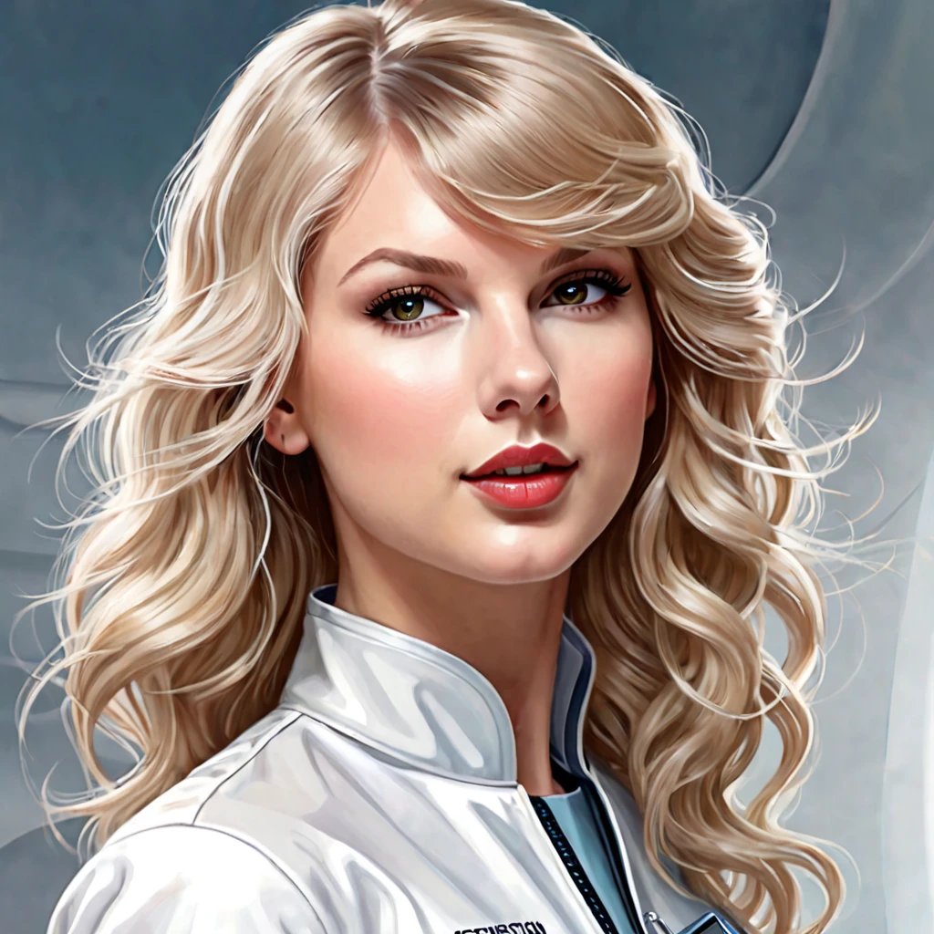 Semi realistic illustration portrait of a beautiful woman, white, wavy blonde hair, with light brown eyes. rectangular face, fine and soft facial features, somewhat thick lips. (Take Taylor Swift as a reference). slight smile, charming look. Vestida de bata white. Doctor at a futuristic sci-fi biotech company.