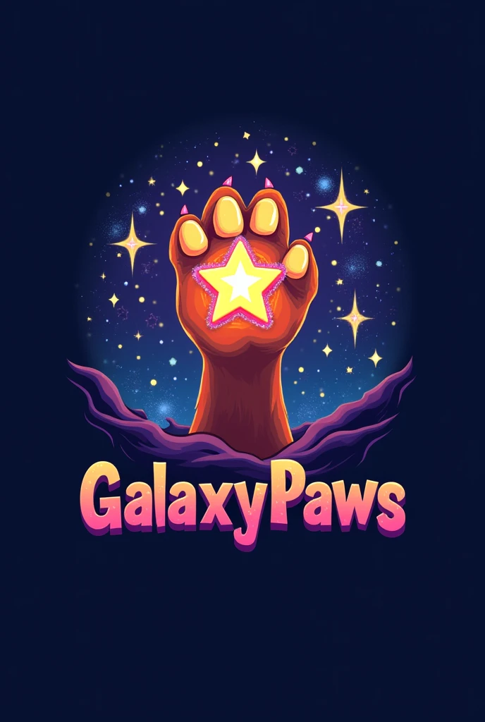 Draw a logo of a dog paw holding a star with the word "GalaxyPaws" with the G and P in capital letters at the top