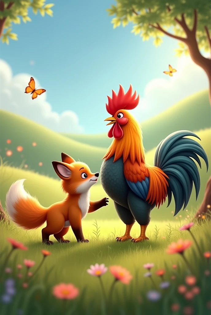 An image of a baby fox and a happy rooster