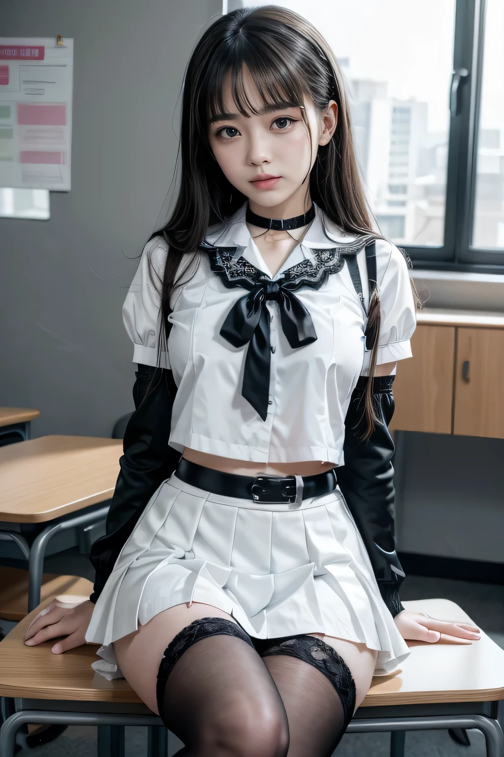 , School girl, white and black uniform, white and black skirt, black lace choker, white lace thigh highs, looking at viewer, class room background, sitting on desk, seductive, dark eyeliner, sexy eyeliner,