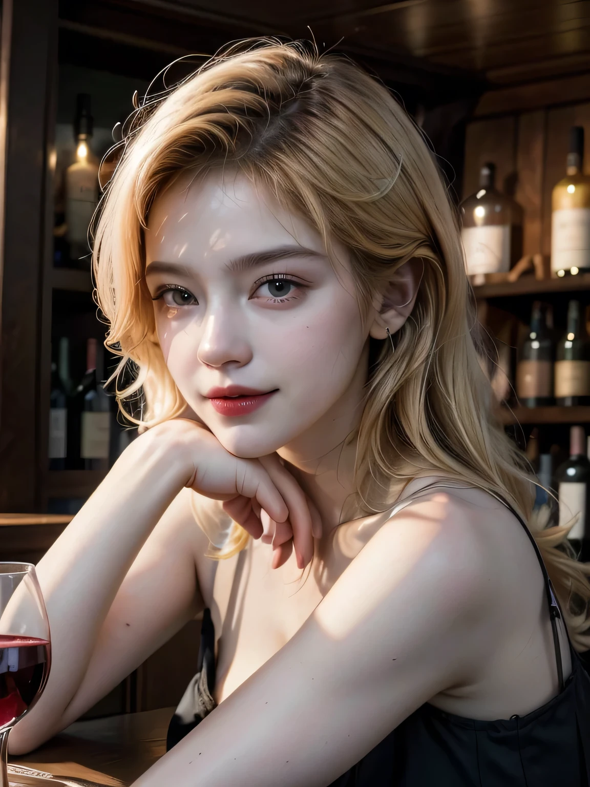 Woman drinking orange wine, bionde,Long Hair,Staring at the wine、Back view,slim,Authentic interior,restaurant,Optical Lenses, , (Highest quality,4K,8k,High resolution,masterpiece:1.2),Very detailed,(photograph,photophotograph,photo-photograph:1.37),wine cellar,Lots of wine,modern,Dim lighting, Lady customer,Neat black dress,1800s,pairing,Smiling woman,Look Down,Spectacular landscapes,turn around、Wine on the table、Put down the glasses、flower、Smaller person、Wine close up,Lots of liquor bottles background,People on the right、pub、Steampunk、Small hands、背景にpubテンダー、Steampunk内装,