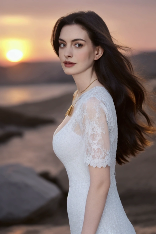 (8k, RAW Photos, Highest quality, masterpiece: 1.2)、Very detailed、Super Resolution、Old skinny mother, city, whole body, Large breasts,necklace hipnotizado, necklace, middle ages, Lace white dress,Dressed up,(Sheer dress）Dressed up medieval, Slate Long Hair Sunset,Large areola,Emphasize the chest,Face forward,A dress that pushes the chest up