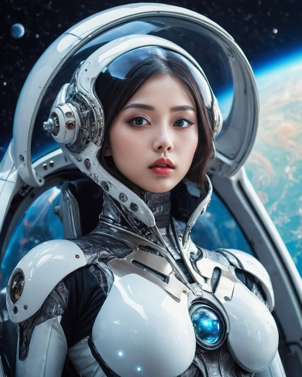 Japanese girl, very beautiful, large eyes, sensual lips,goddess body, with futuristic suit, in spaceship, background planets in the sky, photographic quality, very realistic. 