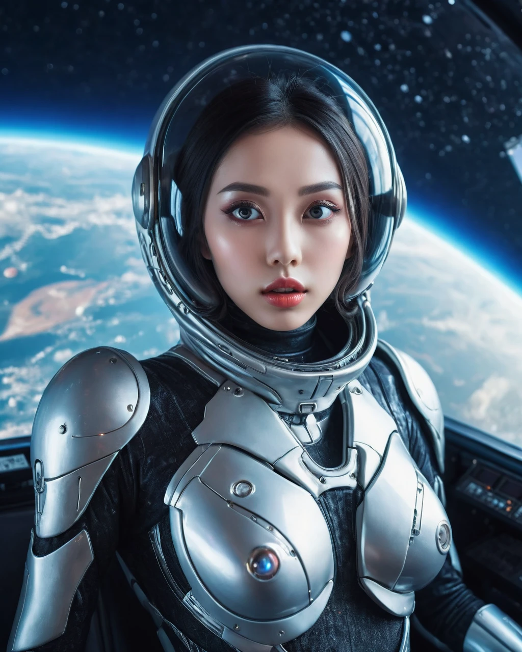 Japanese girl, very beautiful, large eyes, sensual lips,goddess body, with futuristic suit, in spaceship, background planets in the sky, photographic quality, very realistic. 