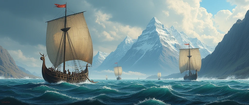 Specifies that the painting must be divided into two parts that connect fluidly..
Mention the specific historical period (9th century, Viking Age)
Includes Viking ships, mountains, Mar, Vikings,cloudy sky, and a ground held.Highlights the need for realism and attention to detail in the texture of the ships, Water, and the sky.