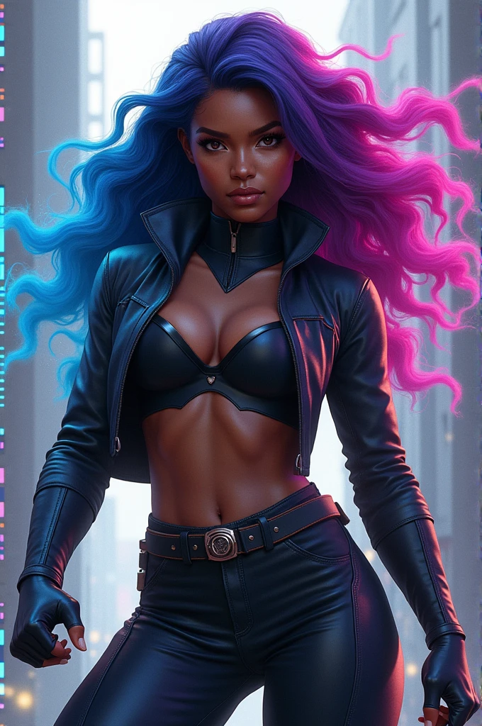 X-Men style character. Black girl with colorful locks. Cool cropped pants style