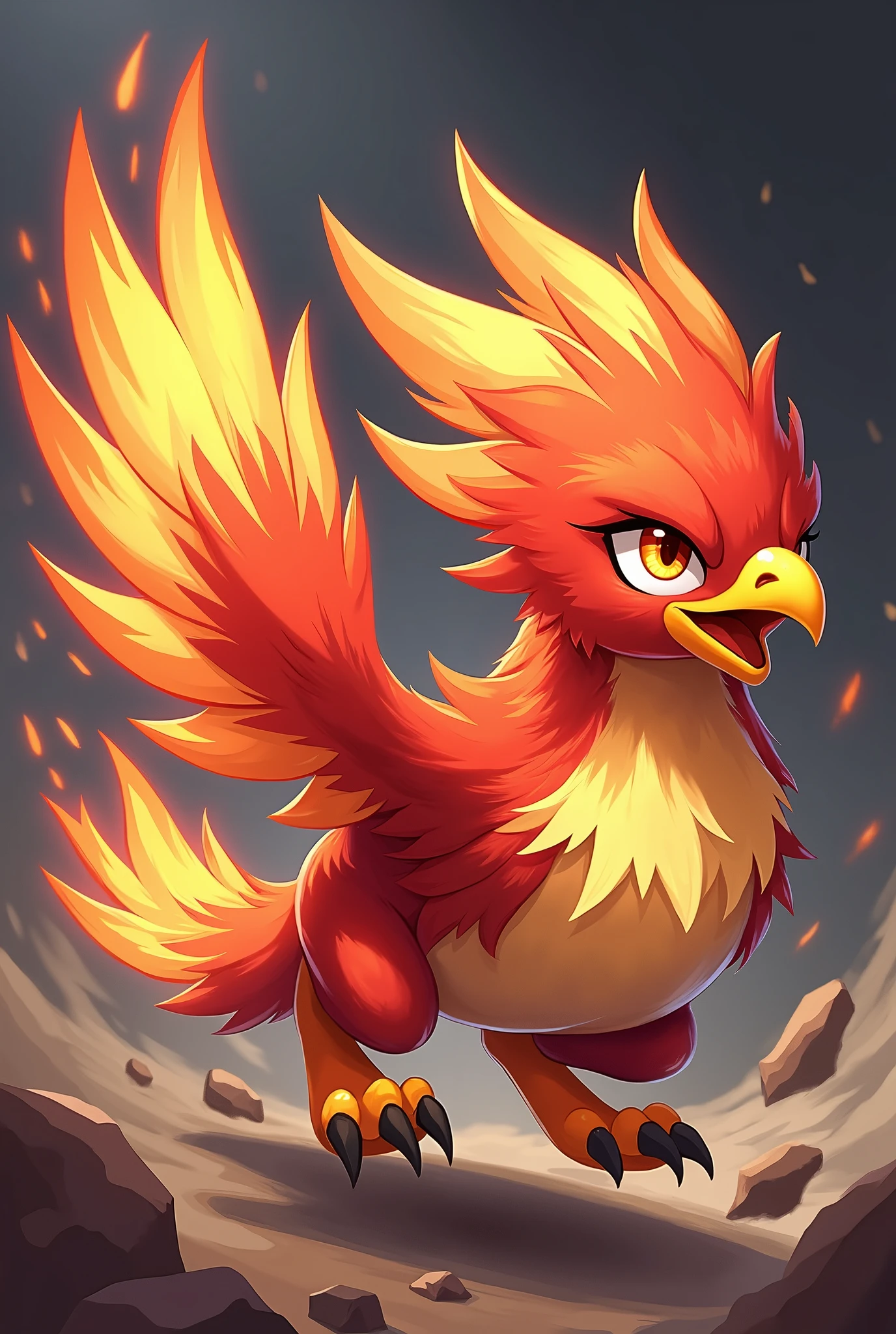 A chibi Phoenix with explosive firepower, Mach movement, speed lines, and sparks