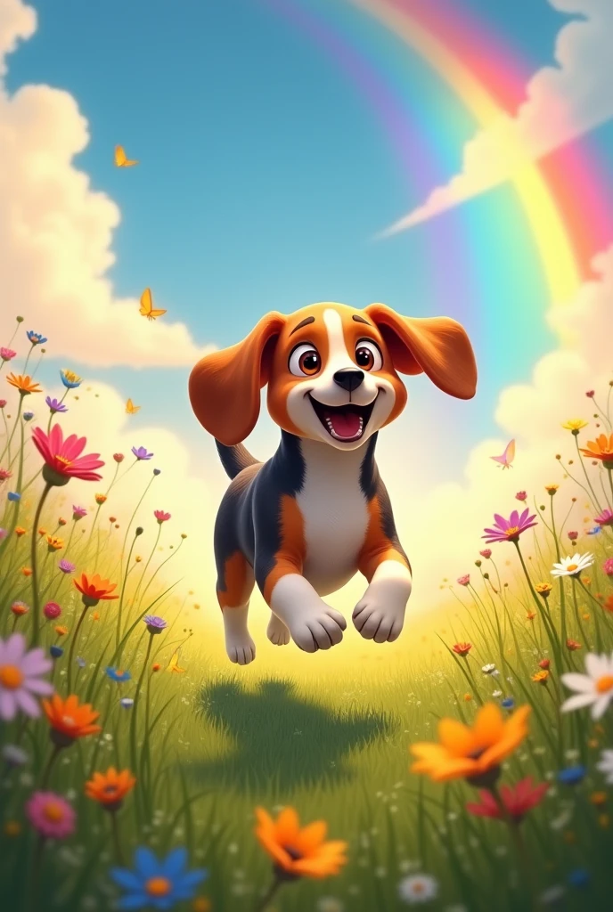 Female beagle coming running happily in a meadow with flowers the sky with the sun very colorful and rainbow
