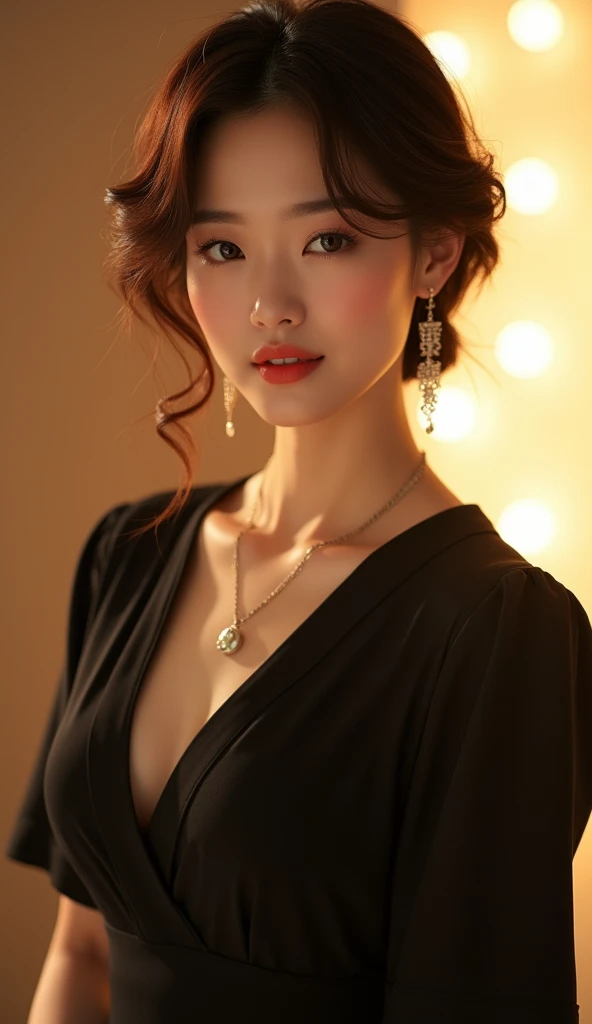 Highest quality, Very detailed, masterpiece, 1 person,Japanese women,(((Perfect female body))),Very beautiful face, Very beautiful body,Gentle expression, Very beautiful eyes,(Perfect Makeup:1.1),Big Breasts,40s、short hair、Brown Hair:1.3, Big Breasts、Soft-looking body、Black dress、necklace,anklet,A kind smile,Full body portrait,(Indoor Background:1.3), (Glowing Skin),(Earrings),Short sleeve