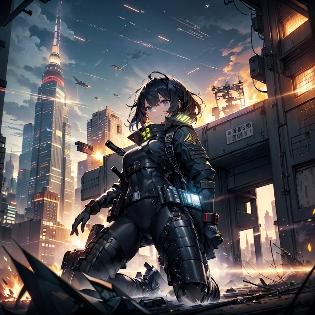 (highest quality,T Masterpiece,final solution,Fluffy,Very colorful,colorful):(female combatant,(kneeling pose)(pointing at your ass)mature woman,navy blue super short hair,Tight navy and black combat uniform,tight suit,steel city background,night,normal posture,normal posture、Gentle smile),(Time Machine、computers、skyscraper gun、weapons of the future、(Backpack:1.1)、Real World、Plankton rattle field、volumetric Fog、gray fog、cigarette、 explosion、apocalyptic、destroyed city background、burning building:1.3、splash of water、starry ski、huge moon、Earth、destroyed giant robot、radio tower、airplane flying overhead、shooting star rocket truck、broken car、derailed train、tank、giant weapon、electronic equipment、Luminous mechanism)