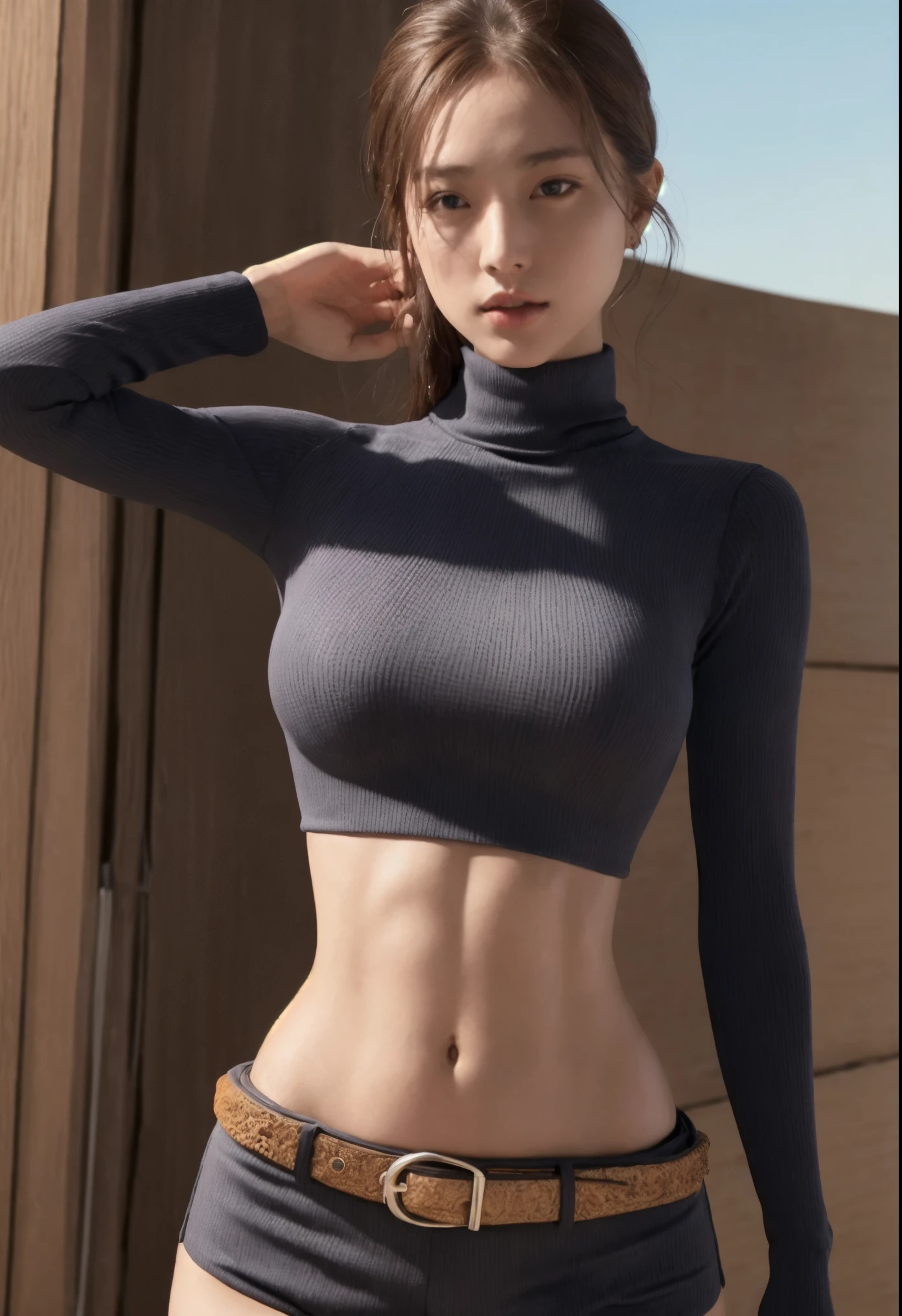 , Crop top turtleneck bikini, (Bare abdomen, Exposed navel), Sexy Abs, The abdomen is completely exposed, Very low rise shorts, Metal Belt, Cowboy Shot, Summer street, 8k, Highest quality, masterpiece, Realistic, Very detailed, Vibrant colors, Professional Lighting, Cinematic, Dynamic pose, Dramatic lighting, Intricate details
