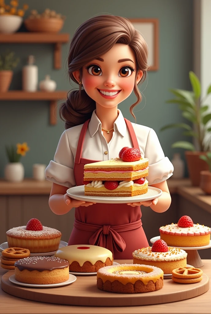 logo of cakes with the name of mary pastry shop, The logo should be a lady holding the cake and a table in front of her where there are piononos, pies, caramel cookies, cakes that are realistic


