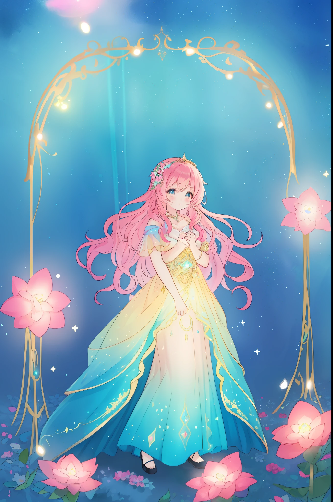 beautiful anime girl in flowing layered ballgown, vibrant pastel colors, (colorful), magical lights, magical flowers, flowers, glowing lights, red pink long wavy hair, sparkling lines of light, inspired by Glen Keane, inspired by Lois van Baarle, disney art style, by Lois van Baarle, glowing aura around her, by Glen Keane, jen bartel, glowing lights! digital painting, flowing glowing hair, glowing flowing hair, beautiful digital illustration, fantasia background, whimsical, magical, fantasy, beautiful face, ((masterpiece, best quality)), intricate details, highly detailed, sharp focus, 8k resolution, sparkling detailed eyes, liquid watercolor