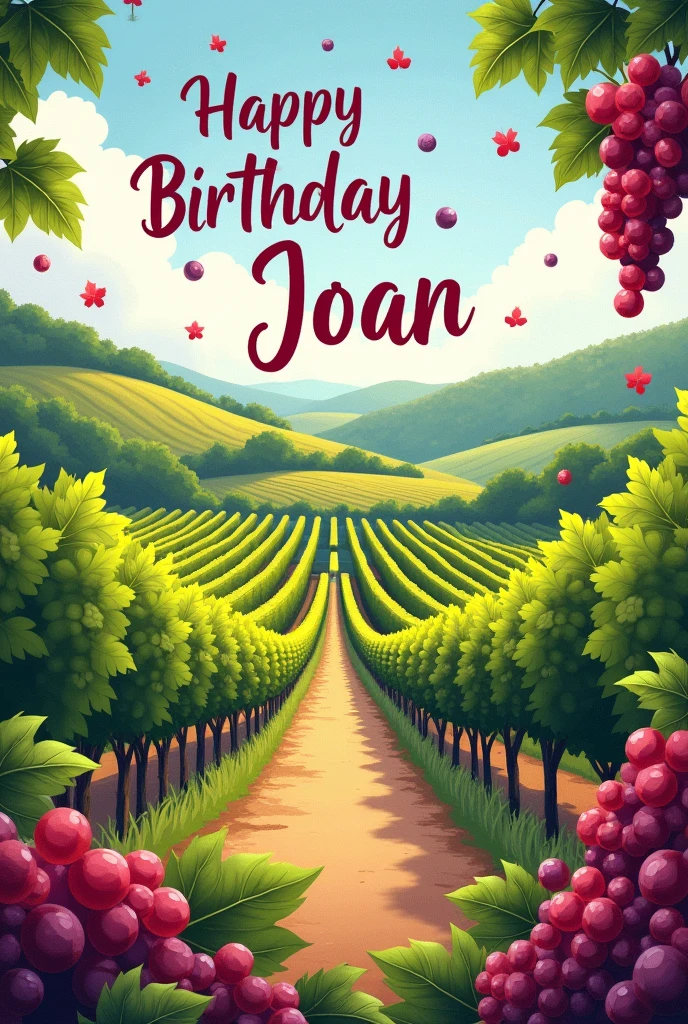 make a happy birthday card with a vineyard and wine design dedicated to joan