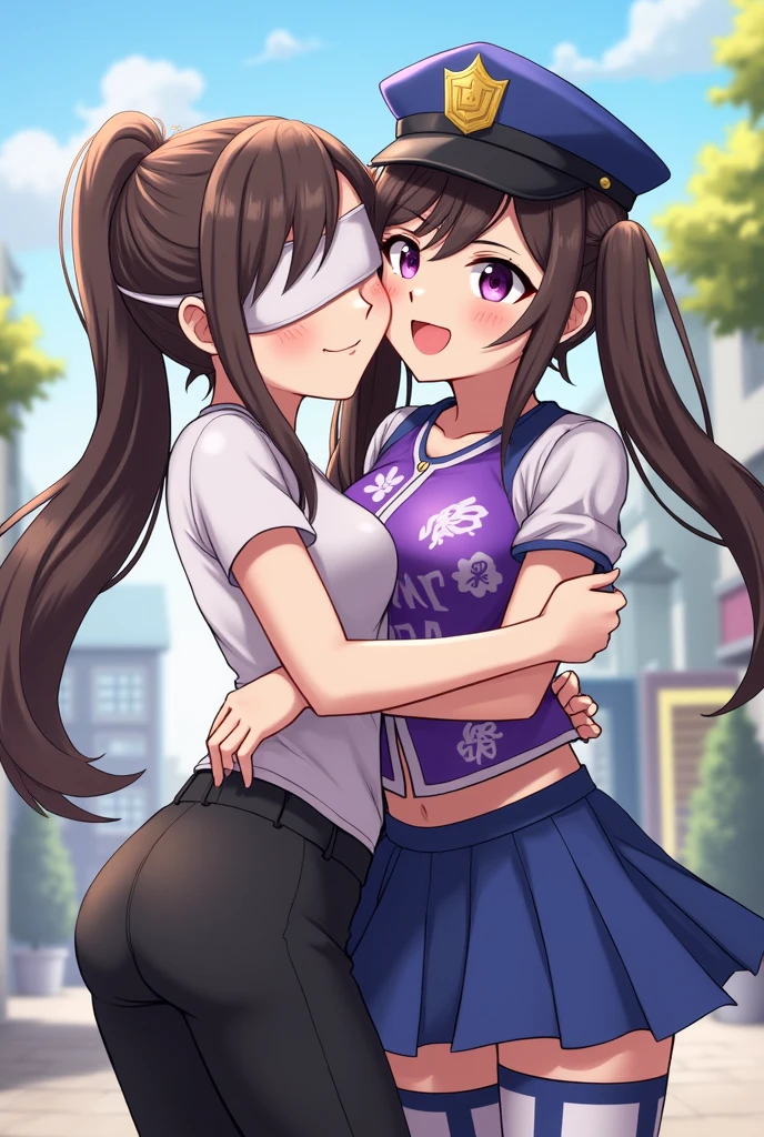 Two female characters hugging each other in free fire style with a ponytail and a blindfold, a white top and black pants, the other character has two pigtails and a police hat, a purple and white Halloween top and a blue skirt