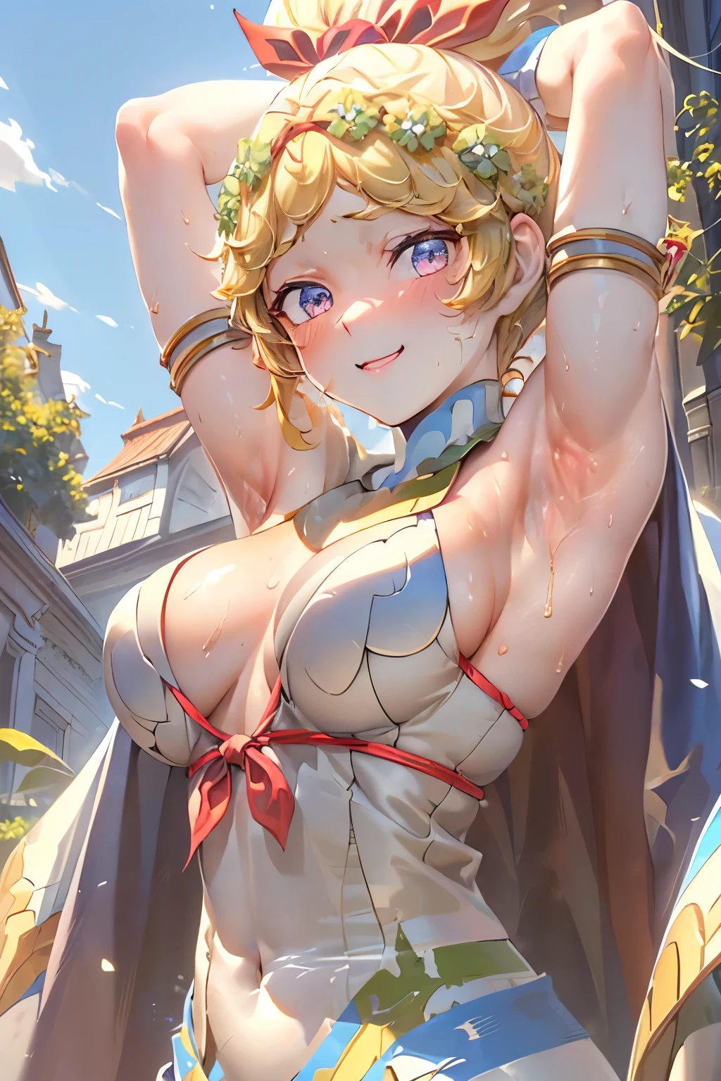 Beautiful anime goddess showing her armpits,(masterpiece, Highest quality, Highest quality, Official Art, beautifully、beautiful:1.2), (One person), Very detailed, (Fractal Art:1.3), colorful, Most detailed, Perfect Face, Upper Body, High resolution, blue sky, Impressive visuals, (Dynamic Stripes, Light trail:1.2), Vibrant colors, Very cute smile,blonde,demeter, blonde hair, armlet, jewelry, dress, ponytail, cape,(((Sweaty,Sweat flows down,Beautiful sweaty armpits,Slimy and shiny armpits,Girl showing her armpits)))