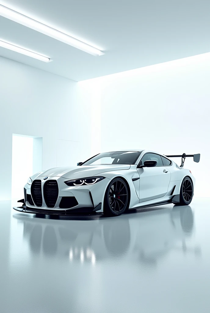 Create a image BMW M4 competition in white colour in futuristic room white neon light