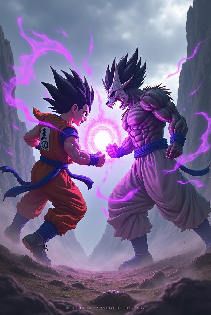 make a normal boy who has a lion skull as a mask with a ki and a purple transformation fighting against goku ultra instinct