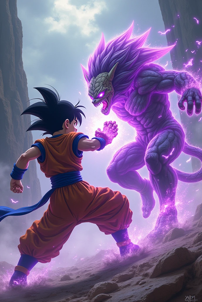 make a normal boy who has a lion skull as a mask with a ki and a purple transformation fighting against goku ultra instinct