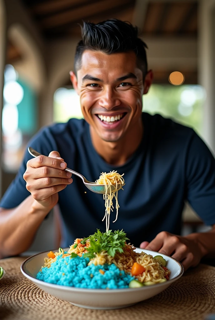 A photo of cristiano Ronaldo eating nasi kerabu at sibu sarawak