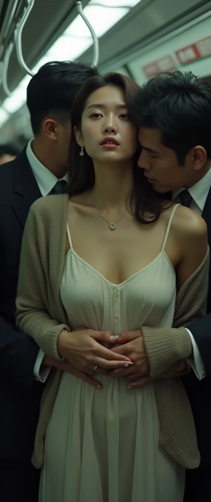 (32K:1.9, Horror depictions:1.9, Highest quality, masterpiece, Ultra-high resolution, Professional random angle camera work:1.5, Very detailedな肌と顔の質感:1.4), Always accurate, Very detailed, bag, (Cute Japanese Woman, Camisole dress and cardigan:1.5, Incredibly slim body:1.3, areola is not visible:1.4, Big breasts on the verge of collapse), ((Crowded train:1.7, Crazy behavior:1.9, Zombie touches woman:2.0)), belt, Fair skin, elegant, sense of cleanliness, Thin eyebrows, (Big eyes that exude beautiful eroticism:0.4, Her facial expression when she feels that she is being caressed intensely:1.0, Expressions of drowning in pleasure:1.0, I despise you from the bottom of my heart:1.0, Please open your mouth a little, lipstick, Feel the beautiful eroticism:1.0, Dark brown medium hair), Earrings, necklace, bracelet, romantic, mysterious, Object of admiration, original, dramatic, artistic, Innovative, charm, Heartful, Fancy, Tilt, sense of loss, special, ((exciting, Extreme, sense of openness, suffering, sufferingの表現)), ((Mistakes of Youth, 女性的なcharm))