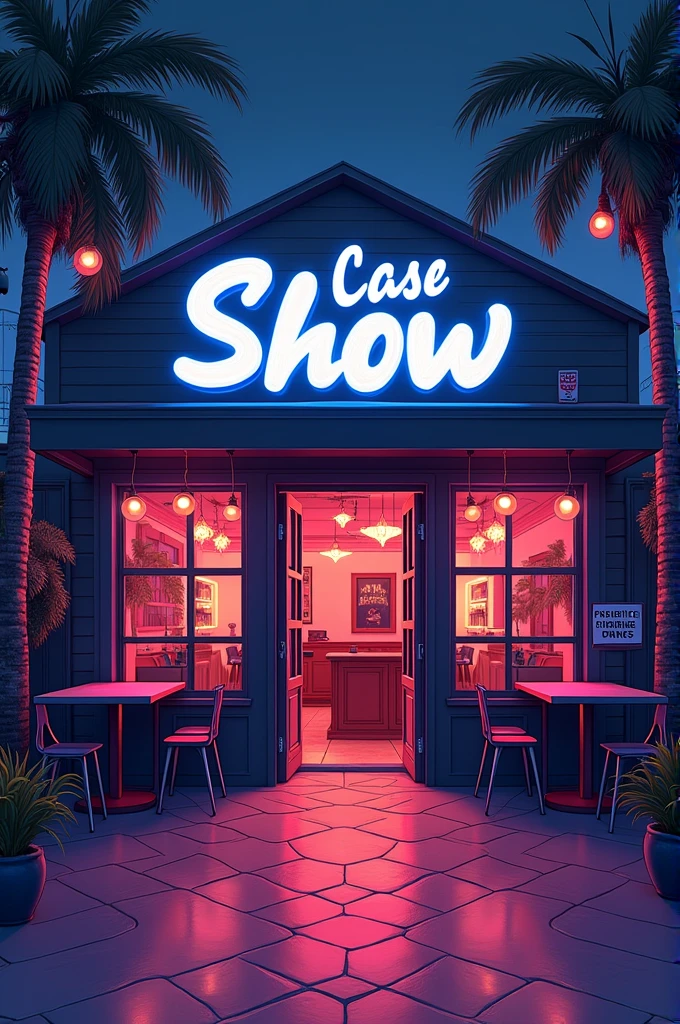 Casa de show, with glass windows, large area in front with some chairs and tables, large sign above the front door, large open entrance door, circular shaped windows, unrealistic, drawn, small sign on the wall saying "prohibited drinks", indoor party, events house, coconut trees outside, neon, lights, natta, parties, animadas, sound box