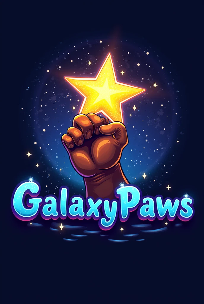 Draw a logo of a dog paw holding a star with the word "GalaxyPaws" with the G and P in capital letters at the top