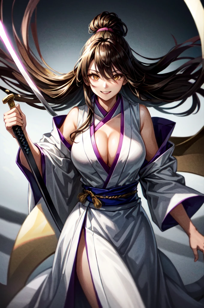 One woman, wearing white kimono, Long Hair, Dark Blonde, Golden Eyes, snake pupils, Light makeup, Provocative smile, Big Breasts, bareshoulders, sleeveless, side boob, dynamic pose, holding sharp sword, full body, big hair, hair over eye, anime, cinematic lighting, cowboy shot, UHD, retina, masterpiece, accurate, anatomically correct, textured skin, super detail, high details, high quality, award winning, best quality, highres, 8k