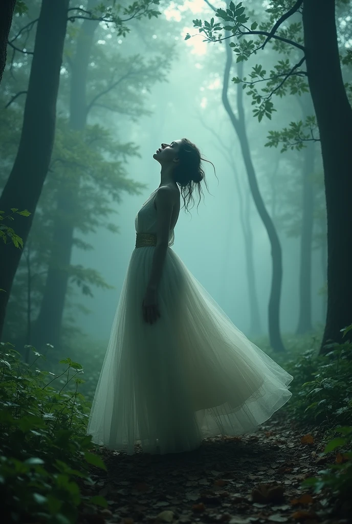 There is a woman standing in the forest with her eyes closed, a frame of an ethereal, Standing in a forest, dancing in front of the mist, aenami alena, aenami alena style, mysterious wastelands behind her, Standing on a forest, stunning moody cinematography, atmospheric portrait, girl walking in the forest, Standing in a forest