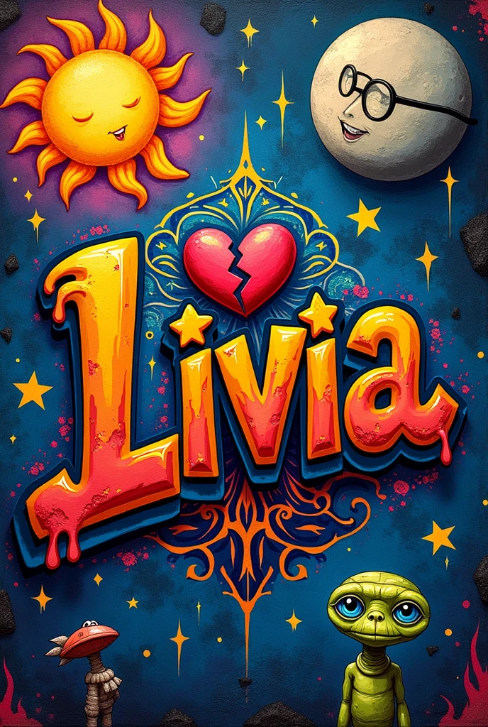 To create this image, I will imagine a vibrant graffiti full of details. The composition will be named "livia" in the spotlight, with stylized and colorful letters. Ao redor do nome, I will add elements like a sun and a moon, representing duality and the passage of time. A broken heart will be positioned to suggest an emotional narrative, but with touches of hope. A complex and detailed mandala will involve these elements, creating a sense of harmony. 

Furthermore, I will include subtle references to the Harry Potter universe, like little stars, lightning strikes, or maybe Harry&#39;s iconic glasses and lightning bolt. To add a cheerful and relaxed touch, I can also integrate references to ET, like a friendly silhouette or a spaceship, in a style that matches the rest of the graffiti.

I will generate this image now.