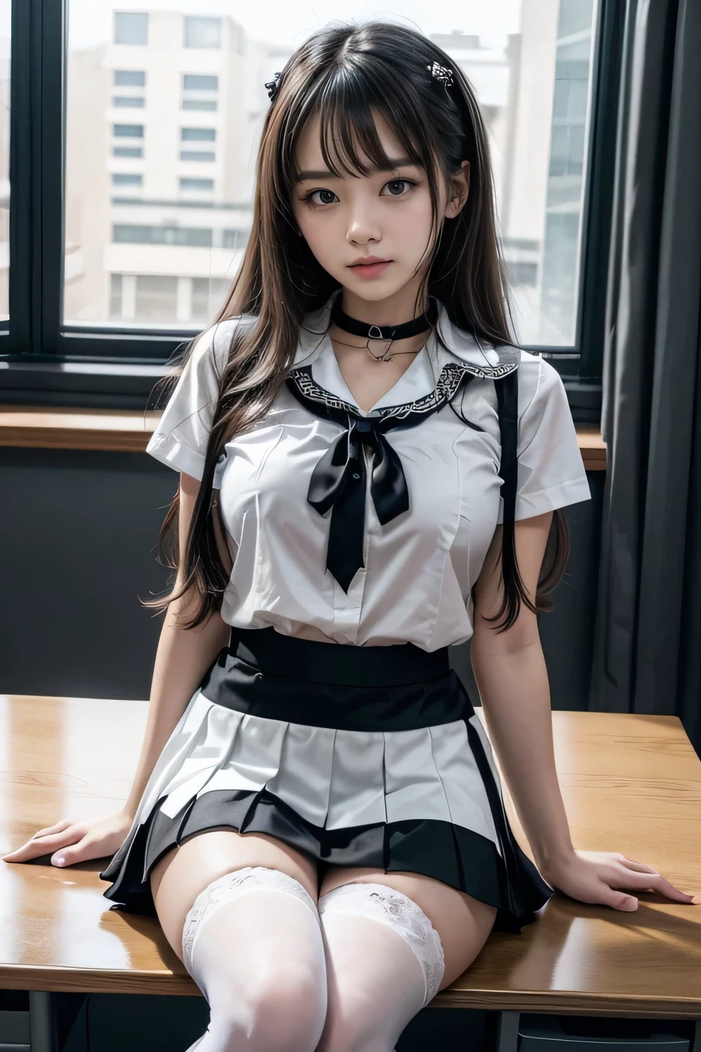 , School girl, white and black uniform, white and black skirt, black lace choker, white lace thigh highs, looking at viewer, class room background, sitting on desk, seductive, dark eyeliner, sexy eyeliner, 