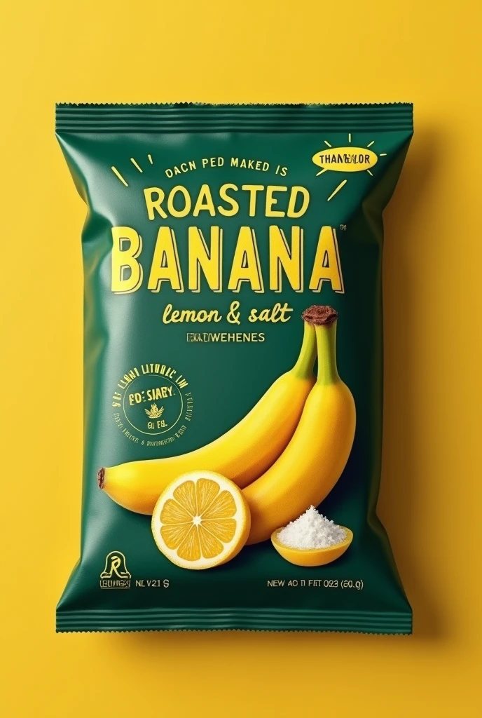 Packaging for roasted banana with lemon and salt flavor that is not transparent and green with yellow