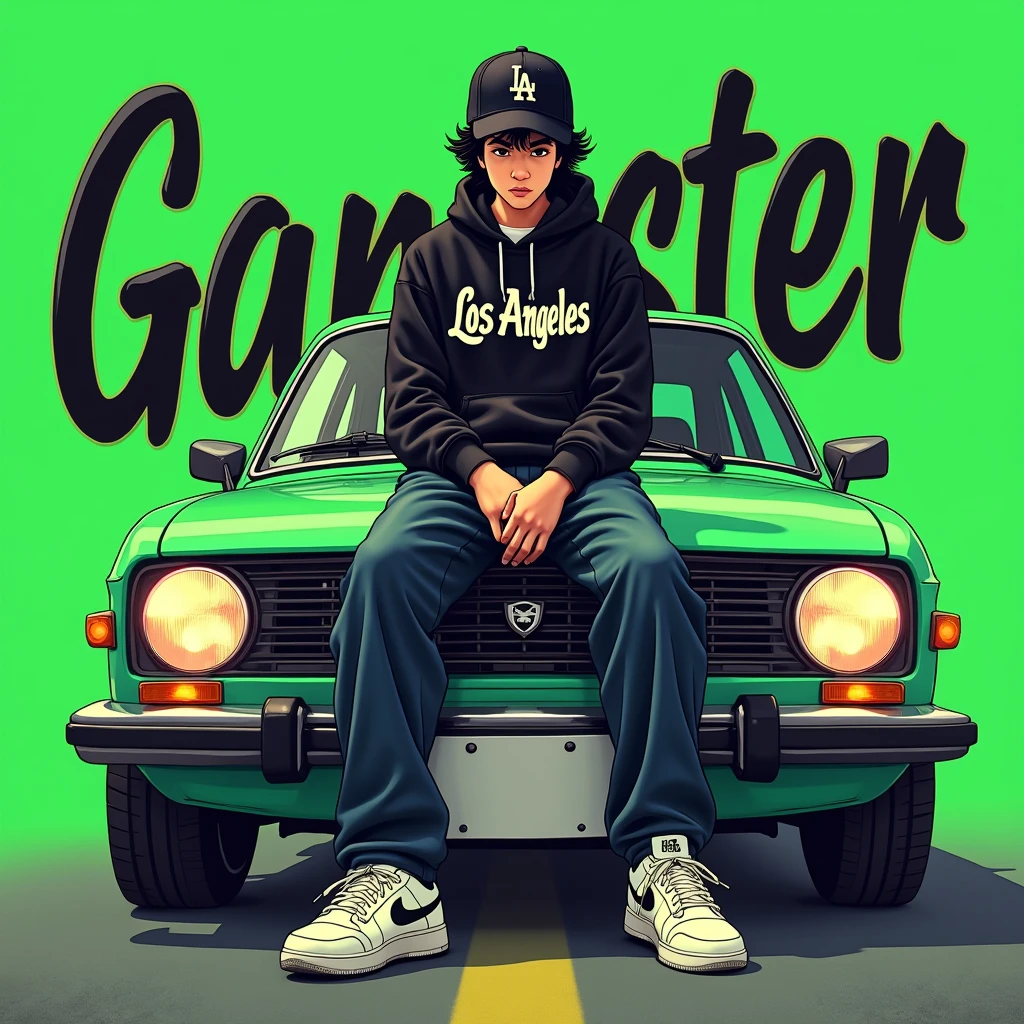 Image of a man sitting on the bonnet of a car, Yoshihiko Wada's album cover, winner of the behance contest, Doodle, official artwork, rap album cover, hip - hop album art cover, colored album art, hip hop music album cover, rap album cover art, official fanart, GTA Cover, hip hop album cover, album art cover, G-FUNK Hip Hop album cover, green background, green car, with the words 'gangster' on the back of the picture, LA hoodie, an Asian tenager wearing a black LA ball cap with a deep press and a wide pair of jeans down, a troublemaker boysits on the bonnet of a car andlets, white Nike shoes