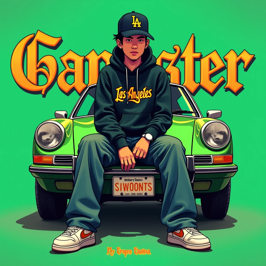 Image of a man sitting on the bonnet of a car, Yoshihiko Wada&#39;s album cover, winner of the behance contest, Doodle, official artwork, rap album cover, hip - hop album art cover, colored album art, hip hop music album cover, rap album cover art, official fanart, GTA Cover, hip hop album cover, album art cover, G-FUNK Hip Hop album cover, green background, green car, with the words 'gangster' on the back of the picture, LA hoodie, an Asian tenager wearing a black LA ball cap with a deep press and a wide pair of jeans down, a troublemaker boysits on the bonnet of a car andlets, white Nike shoes