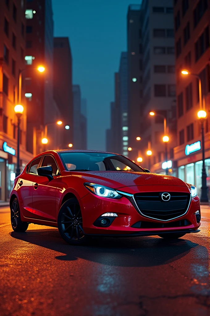 Red Mazda parked on the street at night