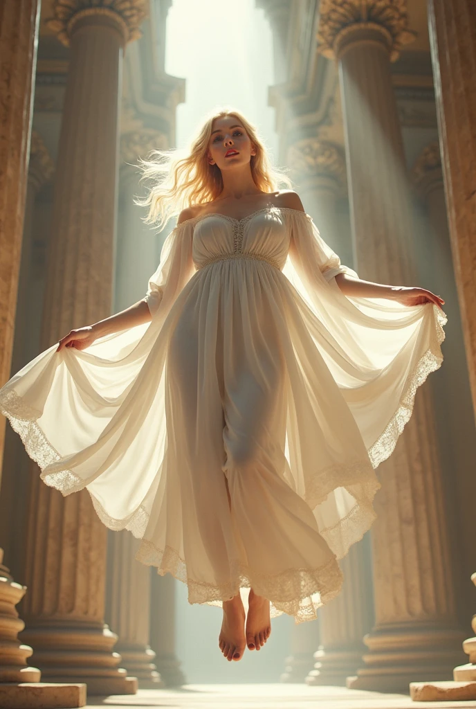 a beautiful goddes in a church, floating, wearing a long white robe with a longskirt that is being blown up by the wind, (((revealing a glimpse of her White panties))), (((Greek mythology costume))), Winged female, (((Big white wings))), Spread your wings, (White Veil), (((Very large breasts))), Long blonde hair, Fair skin, Her face is perfectly symmetrical、Stunning blue eyes, With red lips、A charming smile that draws the viewer in, (Highest quality,8k,Realistic,Very detailed),One person,Beautiful attention to detail,Beautiful lip detail,Very detailed目と顔,Long eyelashes,Perfect body,dress,(((Long skirt))),(((I can see your pants))),(((Windblown Skirt))),temple,(((White panties))), Panties with ribbon, (((Pay attention to the panties))), (((A kind smile))), (((Flared skirt))), (((Wind lift skirt))), (((Upturned skirt))), ((Realistic panties with lace trim))), (((Strong winds))), Don't wear socks, Soaring from the sky, Looking up from below, (Looking at this), Untidy hair, Too many bangs, Cleavage, between legs,