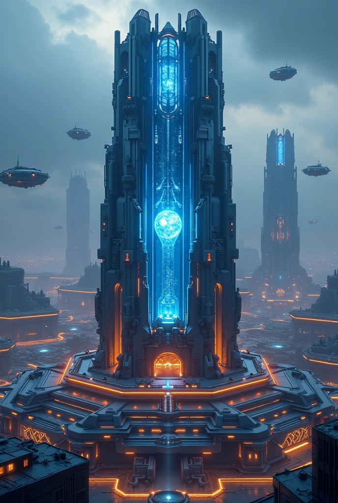 "Image of a futuristic town hall inspired by Clash of Clans. The main building is a monumental structure, with a shiny metal hexagonal base, with details in blue and neon tones that emit a soft glow. The architecture combines high-tech elements with a robust military design.. On top, There is a reinforced glass dome, containing a floating glowing energy core. The edges of the building are protected by black metal armor panels., that seem impenetrable.
Around the town hall, advanced defenses are observed: floating watchtowers with laser cannons, Security drones patrolling the area, and energy barriers that emit electrical pulses. The land surrounding the town hall is a mix of metal platforms and glass surfaces., with light circuits running underneath, as if the whole complex was alive with energy.
The sky above the town hall is filled with futuristic ships, and on the horizon, Other buildings with similar technology can be seen, all connected by floating bridges and light paths. The whole setting is immersed in a science fiction atmosphere., with a dark atmosphere, but illuminated by the artificial light of advanced technology."