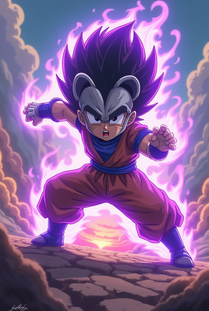 make a normal boy who has a lion skull as a mask with a ki and a purple transformation fighting against goku ultra instinct anime version