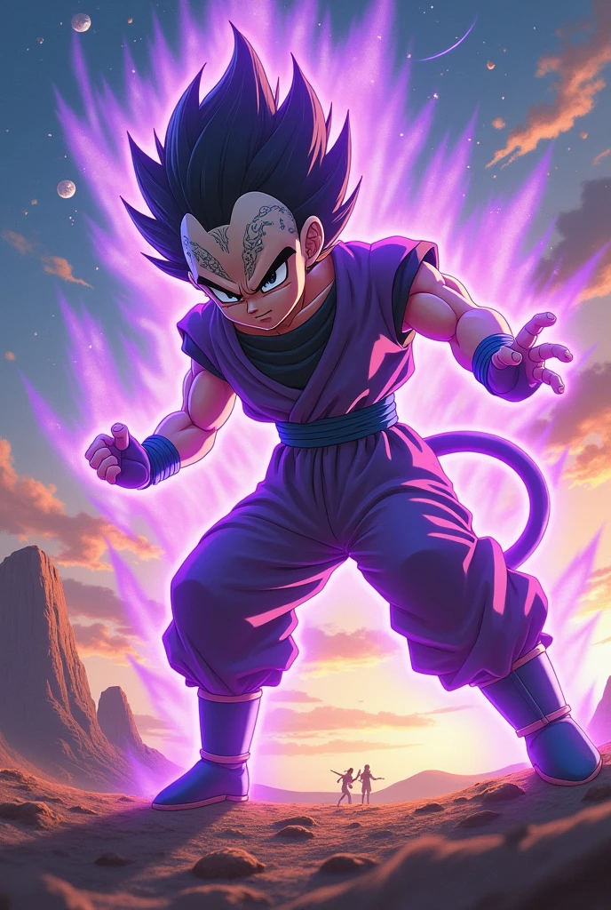 make a normal boy who has a lion skull as a mask with a ki and a purple transformation fighting against goku ultra instinct anime version